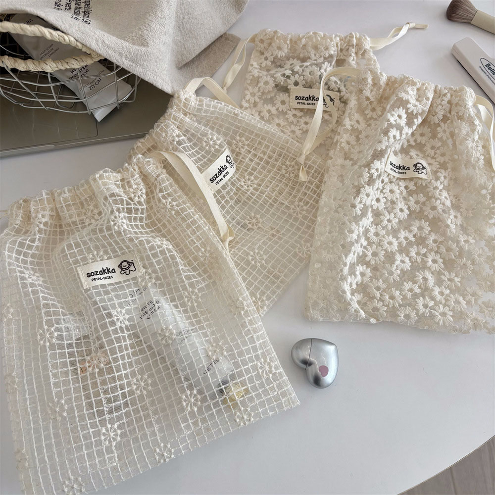 Cosmetic Bags - Lace Embroidered Daisy Mesh Drawstring Makeup